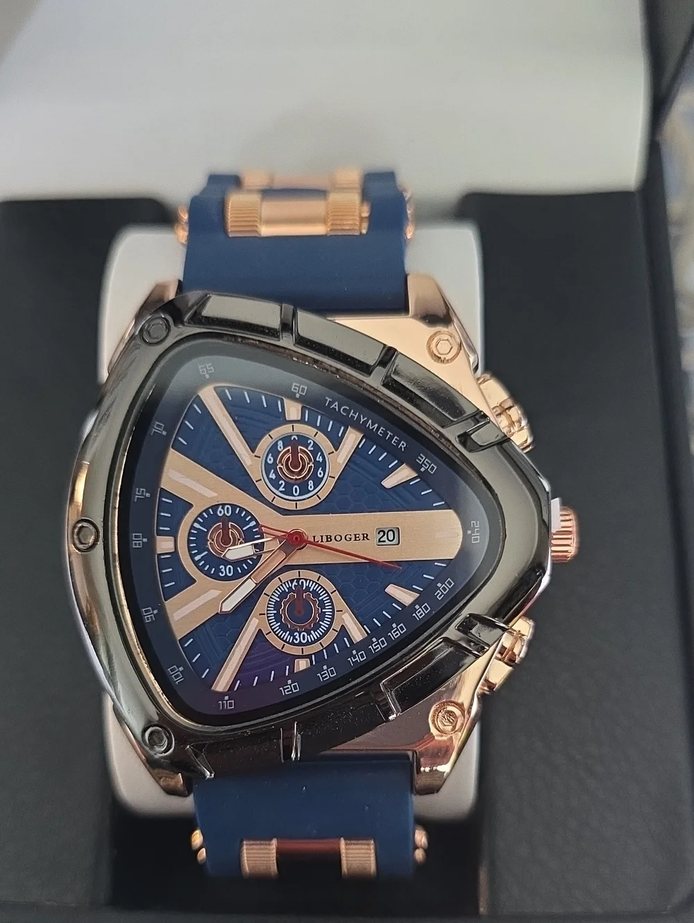277.   Unique Triangular Men's Chronograph Watch - Navy & Rose Gold